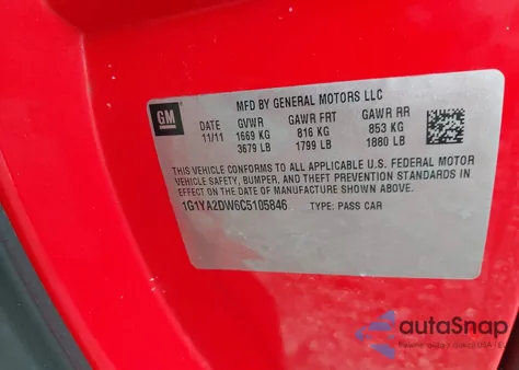 2012 Chevrolet Corvette from USA, damaged, VIN 1G1YA2DW6C5105846